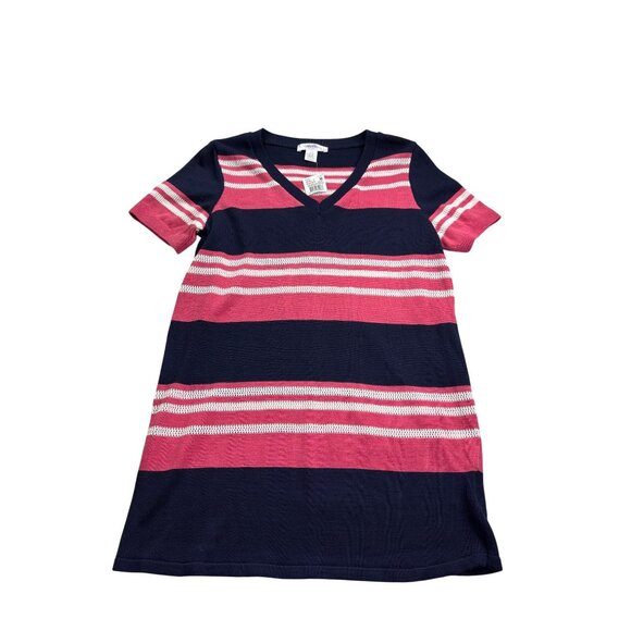 Motherhood Maternity Top M V-Neck Striped Navy Pink White Knit Short Sleeve New - Picture 1 of 4